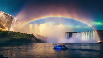 Fototapeta premium highly intricately detailed photograph of Spectacular rainbow near tourist boat at Falls 