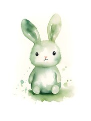 Watercolor Drawing of a dark green Bunny on a white Background. Easter Card Template with Copy Space