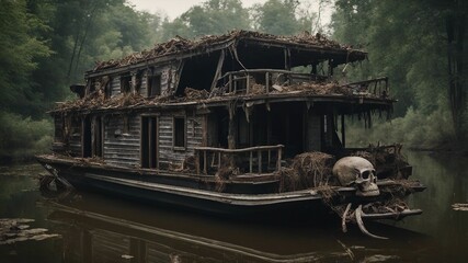 Horror_ A house boat with a broken roof and a bloody deck, 