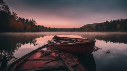 Horror_ A wooden row boat abandoned on a lake of blood, 