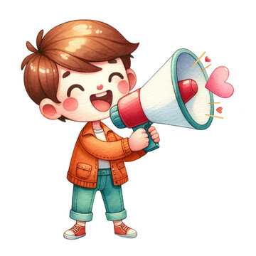 Watercolor boy holding a megaphone with hearts. Valentine's element. Valentine's clipart.