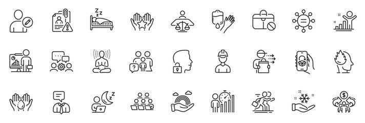 Icons pack as Ð¡ompetition, Foreman and Blood line icons for app include Sleep, Engineering team, Winner outline thin icon web set. Delivery app, Court judge, Stress pictogram. Freezing. Vector