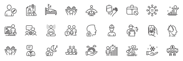 Icons pack as Ð¡ompetition, Foreman and Blood line icons for app include Sleep, Engineering team, Winner outline thin icon web set. Delivery app, Court judge, Stress pictogram. Freezing. Vector