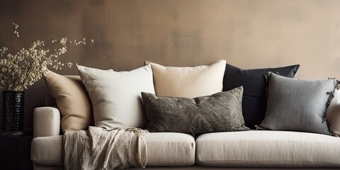 Neutral-colored textured layers add style to the interior of a cushioned sofa with throw pillows.