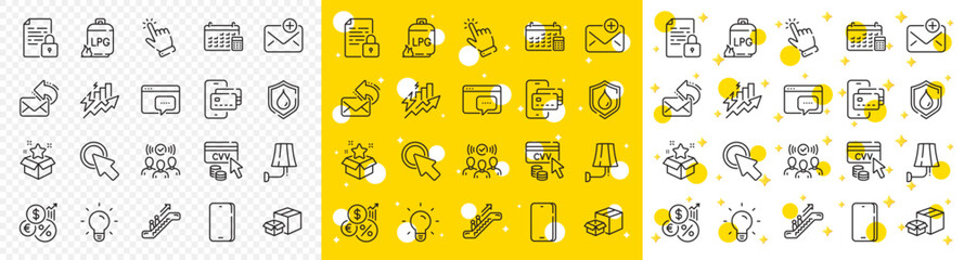 Outline Consumption growth, New mail and Squad line icons pack for web with Cvv code, Packing boxes, Phone line icon. Gas cylinder, Calendar, Lock pictogram icon. Seo message, Share mail. Vector