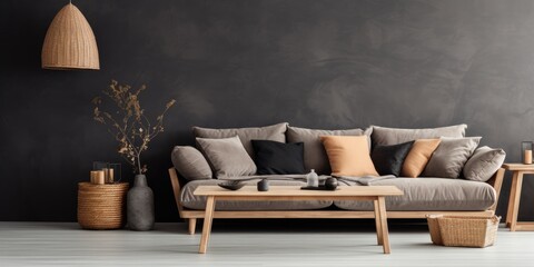 Scandinavian living room with dark pillows on wooden sofa. - obrazy, fototapety, plakaty