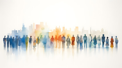 Naklejka premium Group of people silhouettes standing in the style of colorful watercolors