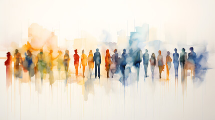 Group of people silhouettes standing in the style of colorful watercolors - obrazy, fototapety, plakaty