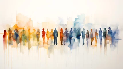 Fotobehang Group of people silhouettes standing in the style of colorful watercolors © Oksana