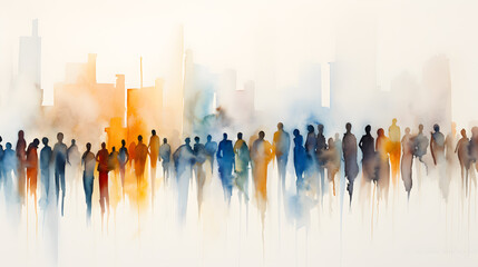 Group of people silhouettes standing in the style of colorful watercolors