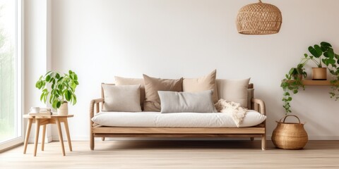 Bright living room interior with a wooden Scandinavian sofa and a wicker chandelier above a futon.