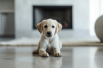Funny labrador puppy lying on the floor in modern room with fireplace