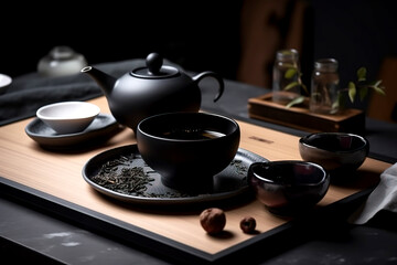Traditional Asian Tea Ceremony Set in Monochrome created with Generative AI technology