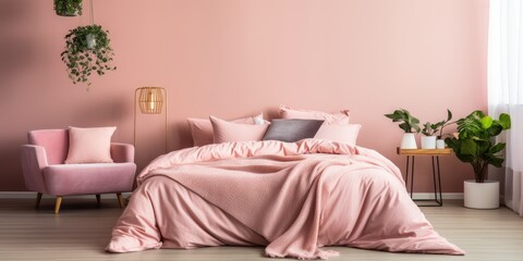 Pink bed, cushions, plant on stool in cozy, feminine bedroom. Furniture fits in real photo.