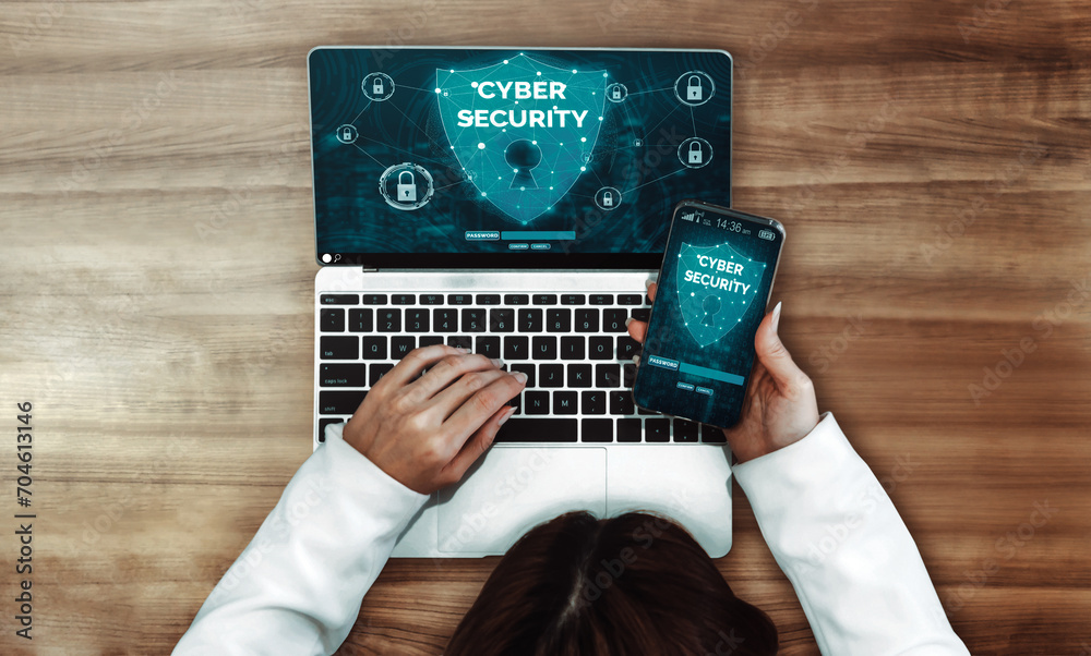 Poster cyber security and digital data protection concept. icon interface showing secure firewall technolog