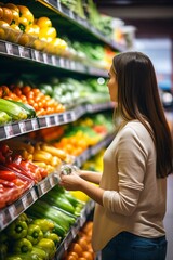 A woman is choosing bell peppers in a grocery store,