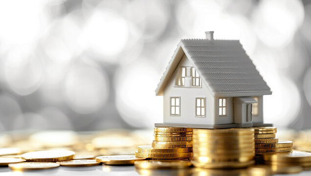 House mortgage, with golden stacks of coins