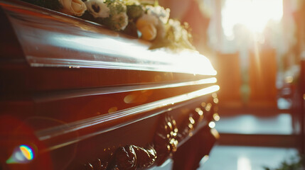 Funeral ceremony. Scene with a coffin in a church. 