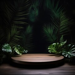 Fototapeta premium Wooden podium with tropical leaves background