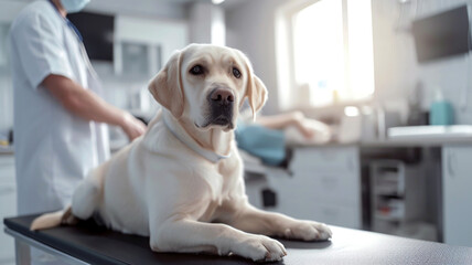 White labrador retriever dog on a table in a veterinary clinic. Golden retriever puppy in a vet...