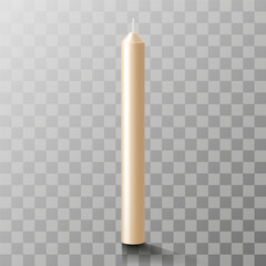 One long white candle made of wax isolated on transparent background, mock up. Realistic 3d vector illustration. Blank for a designer or postcard, slide for a presentation.