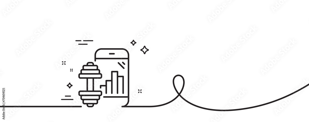 Poster fitness app line icon. continuous one line with curl. workout application sign. gym fit dumbbell sym