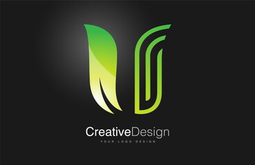 U letter Logo Design Icon. Creative s letter with green leaf and monogram lines
