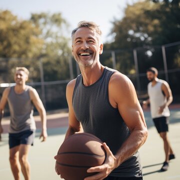 Mature male playing basketball with friends