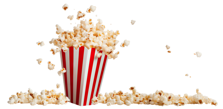 Delicious popcorn in a red-white striped carton box, cut out