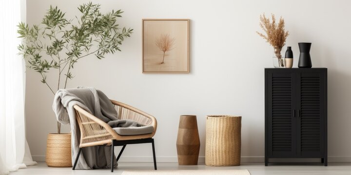 Stylish Scandinavian living room decor with black frame, design commode, leaf in vase, rattan basket, books, and elegant accessories. Template included.