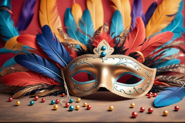 Carnival decoration concept made from mask and feathers on festive background