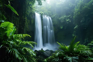 Fototapeten Cascading waterfall in a lush tropical forest © Bijac