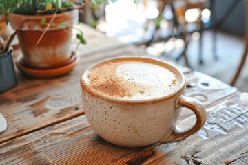 Frothy cappuccino in a ceramic mug On a caf table