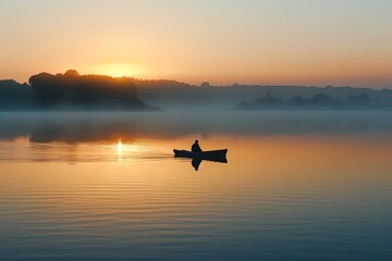 Fototapeta na wymiar Lone fisherman on a calm lake at sunrise