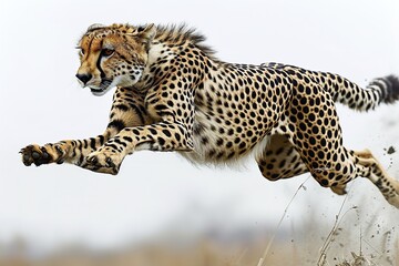 Cheetah jumping against white background - Stock

