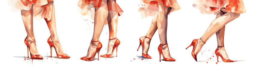Elegance woman legs in red shoes and dress. Watercolor style fashion illustration. Female sexy feet, isolated decorative vector elements