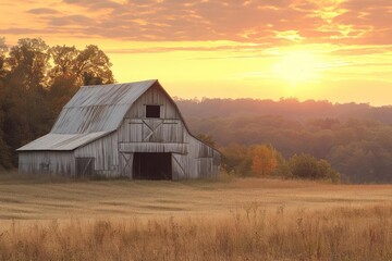 Old Rustic barn in a field during a golden sunset