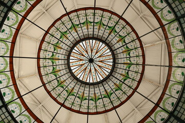 The colorful glass roof/copola of the Quiosco de la rosa de los vientos in the La Victoria Market, Mercado de La Victoria, Puebla, Mexico