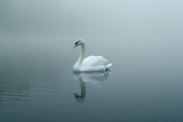 Fototapeta na wymiar Solitary swan swimming gracefully in a mist-covered lake