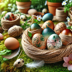 Easter eggs decorated with eco-friendly, natural dyes, displayed on a bed of grass.