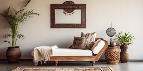 Contemporary ethnic living room decor with stylish chaise lounge, mirror, furniture, carpet, decoration, and accessories.