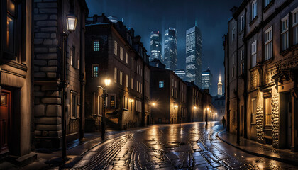 Fototapeta na wymiar Stara dzielnica w nowoczesnym mieście nocą