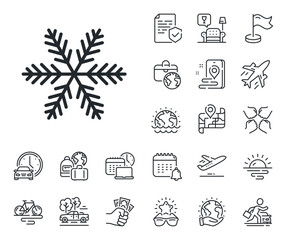 Christmas snow sign. Plane jet, travel map and baggage claim outline icons. Snowflake line icon. Winter or cold symbol. Snowflake line sign. Car rental, taxi transport icon. Place location. Vector