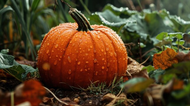 An image of a fully ripe pumpkin decorated with water droplets against a background of green grass, emphasizing the fall harvest and environmentally friendly, healthy eating.