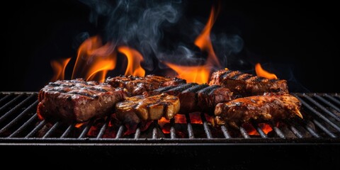 Barbecue grill with fire and charcoal on table, black background.