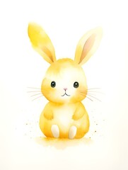 Watercolor Drawing of a light yellow Bunny on a white Background. Easter Card Template with Copy Space