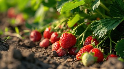 Ripe strawberries bask in summertime sun rays, forming a plentiful harvest on the plantation, a nutritious crop for vitamin-rich, juicy, and vegetarian options.