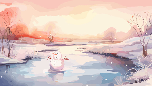 Melting snowman watercolor illustration. Nature early spring landscape with cute small snow man on river, vector soft colors background
