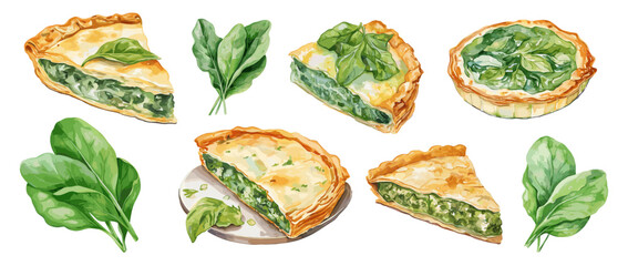 Spinach pie watercolor set. Slice, half pies part on plate and green spinach leaves. Fresh pastry elements, delicious vector food clipart - obrazy, fototapety, plakaty