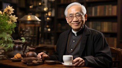 Portrait of a smiling elderly Chinese man in a black shirt holding a teacup - obrazy, fototapety, plakaty